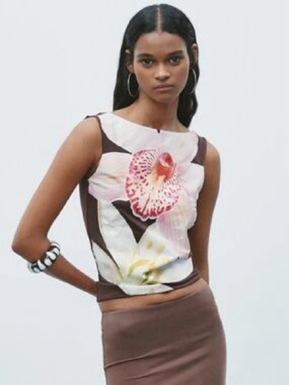 Zara Brown Tank Top with Pink and Cream Floral Front